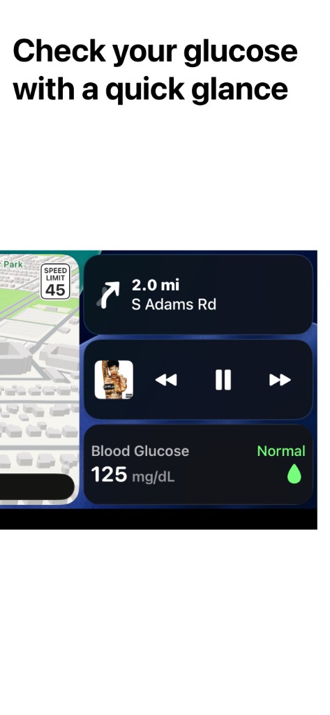 Apple CarPlay dashboard widget showing Blood Glucose 125 mg/dL marked Normal beside maps and audio