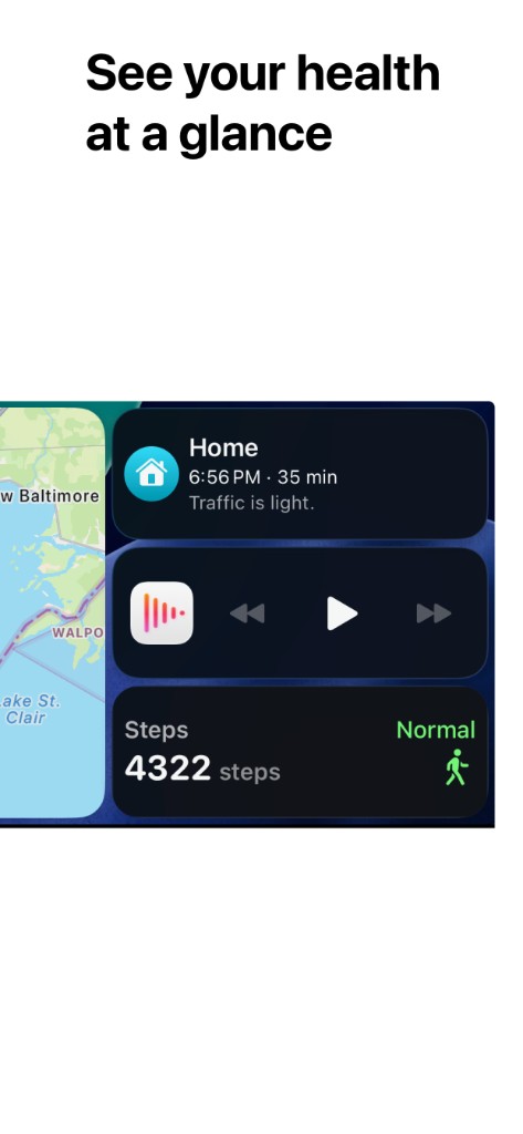 Apple CarPlay dashboard with navigation alongside a Synx widget showing daily steps status