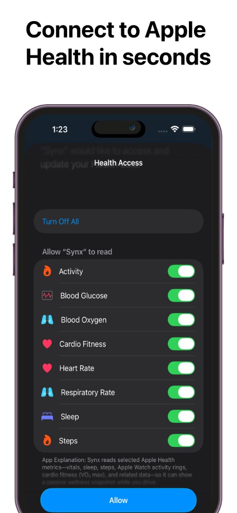 Synx prompting iOS Health Access to read glucose, heart rate, steps, sleep, and related metrics