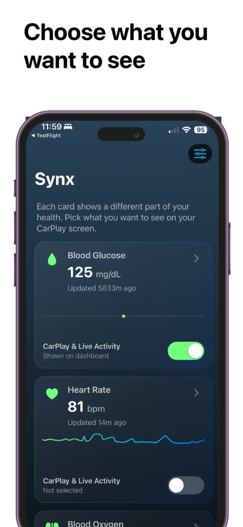 Synx app dashboard with Blood Glucose and Heart Rate cards; toggles for CarPlay and Live Activity display
